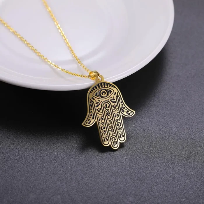 Skyrim-Collier pendentif main de Fatima pour femme, Hamesh, Hamsa, mauvais œil, tour de cou en acier inoxydable, colliers de la JOprésidence, amulette, bijoux porte-bonheur 3