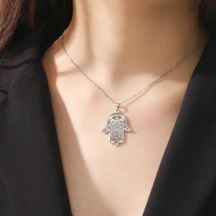 Skyrim-Collier pendentif main de Fatima pour femme, Hamesh, Hamsa, mauvais œil, tour de cou en acier inoxydable, colliers de la JOprésidence, amulette, bijoux porte-bonheur 2